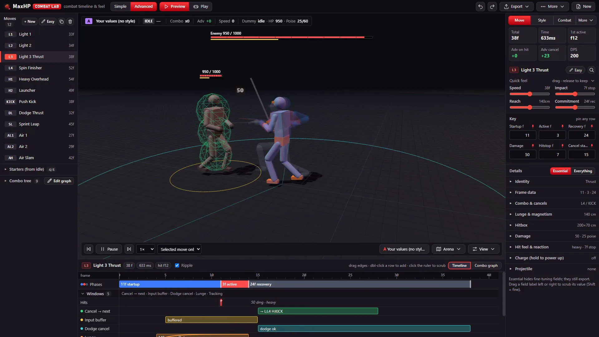 MaxHP Combat Lab in Advanced mode: the move list, a 3D preview of a thrust hitting a dummy, feel sliders and the frame timeline with startup, active and recovery
