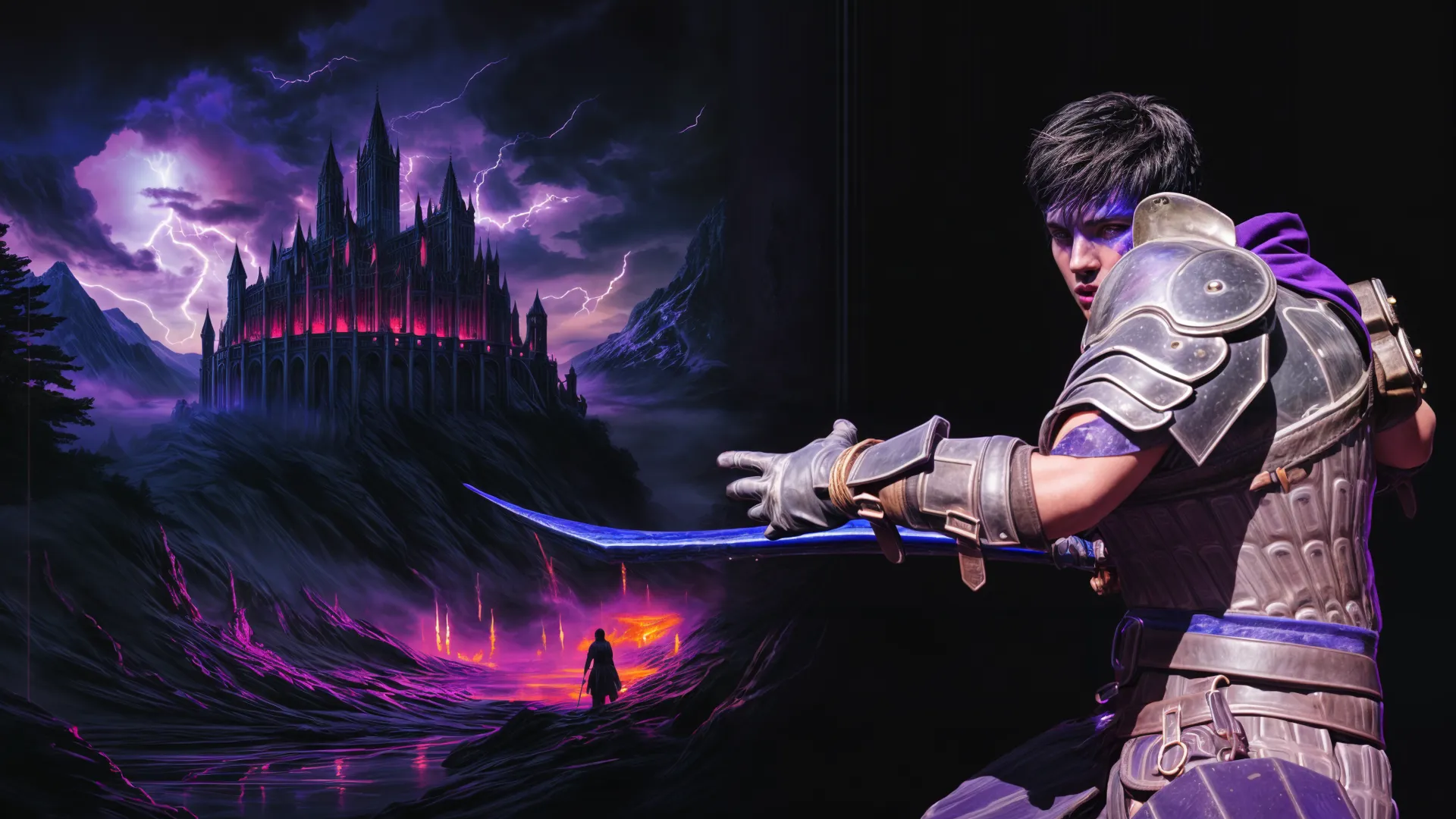 Riftveil key art: a warrior with a curved blue blade before a castle in a violet lightning storm